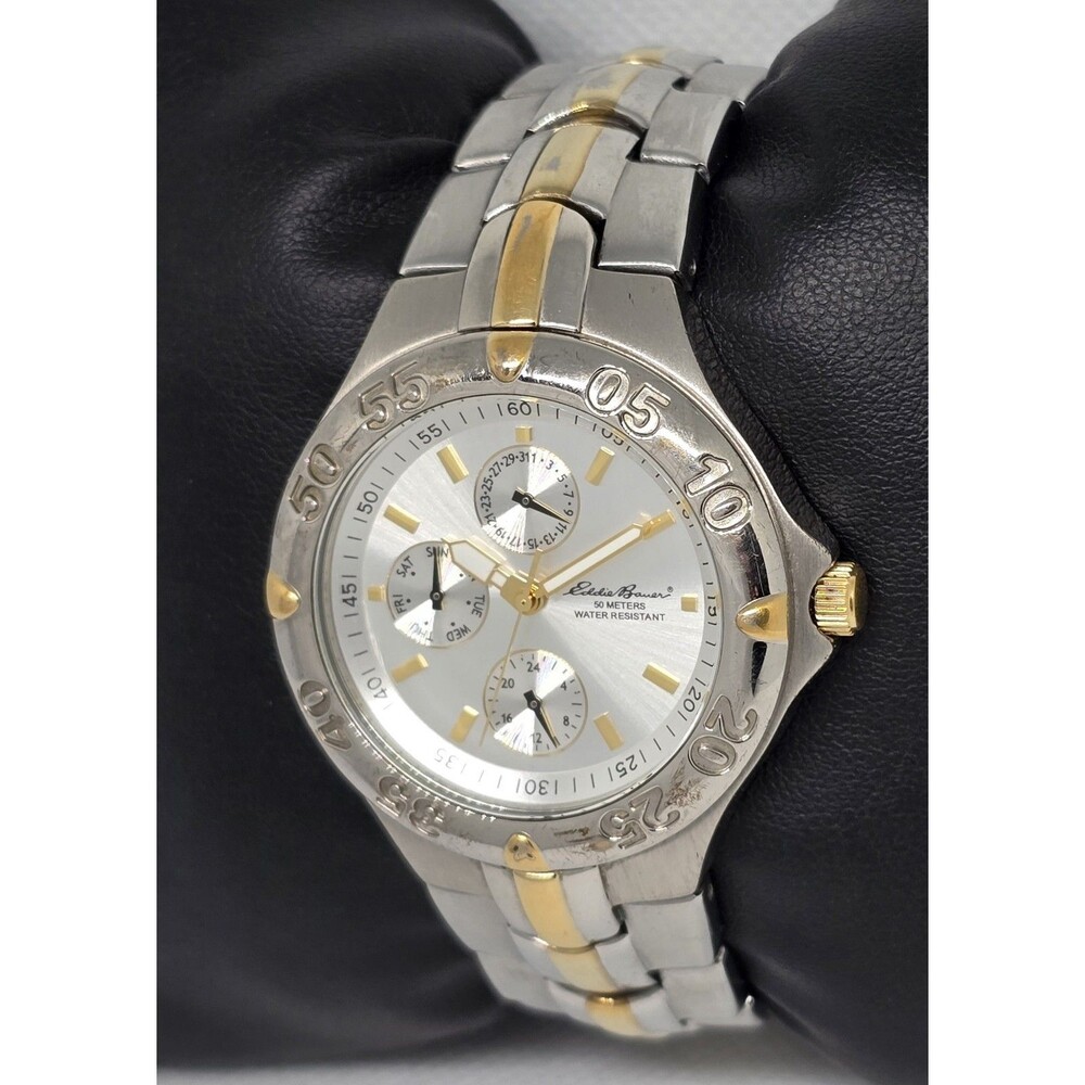 Men's Eddie Bauer Textured 3 Eye Silver Gold Two Tone Case Bracelet Watch 11 - Picture 2 of 8